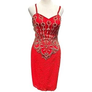 ALYCE Designs Gorgeous NEVER WORN Red Gold Beaded Sequined SILK Mini Dress 6
